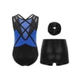 thumbnail image 2 of TSSOE Kids Girls 3-Piece Set Athletic Unitards Gymnastics Leotards Tumbling Clothes Ballet Dance Biketards Blue&Black 10, 2 of 7