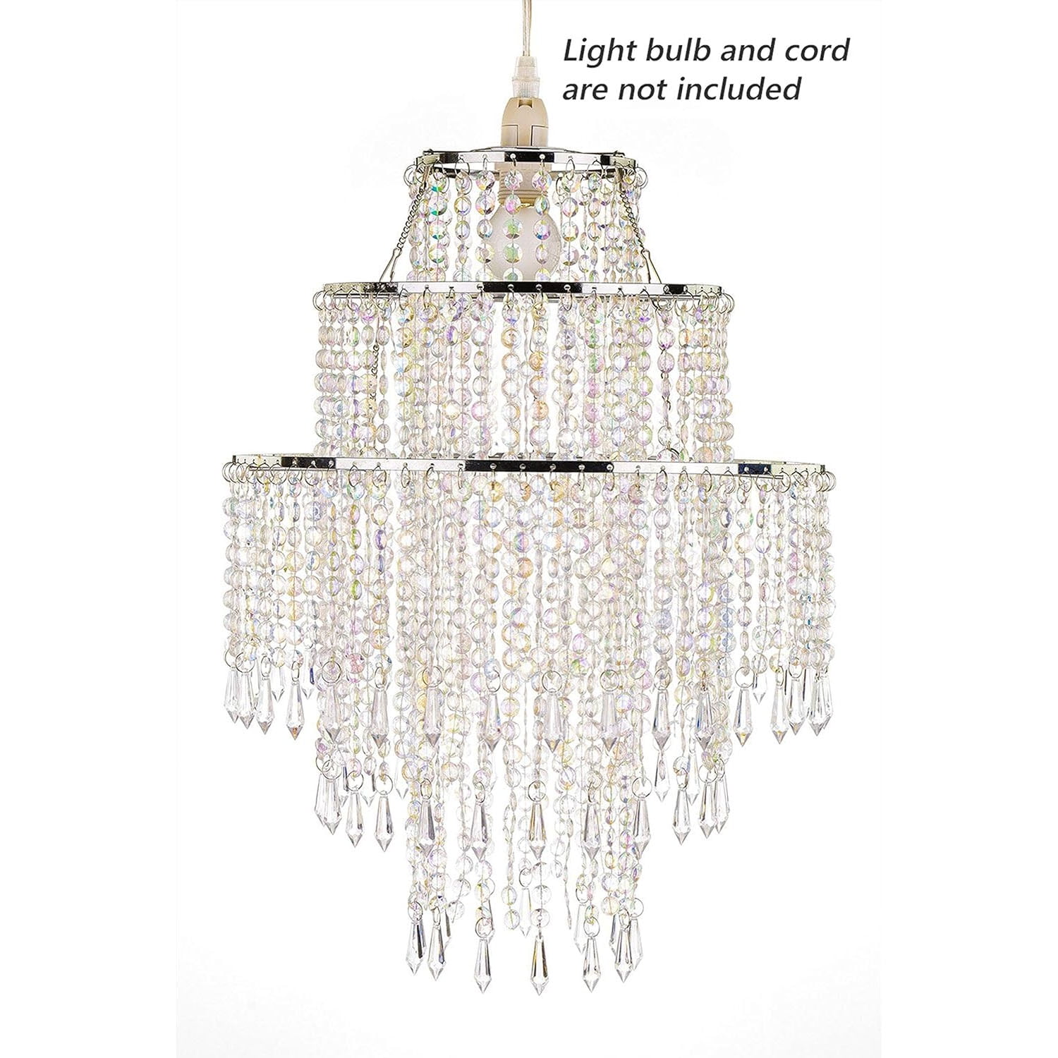 Modern 3-Tier Beaded Chandelier Shade - Chrome Frame with Clear Acrylic Jewel Droplets - 12.6" Diameter Ceiling Pendant Light Fixture for Bedroom & Living Room