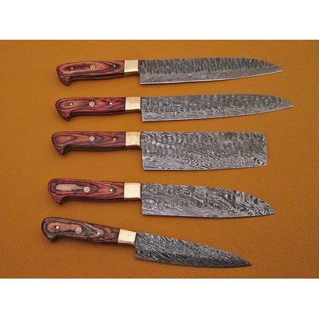 

5 Pieces Damascus steel Hammered kitchen knife set Custom made hand forged Damascus steel full tang blade Overall 36 inches Length of Hammered Damascus sharp knives Goat suede Leather Roll sheath