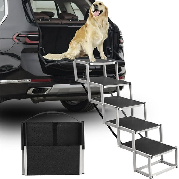 Dog Stairs for Large Dogs - 5 Step Foldable Dog Ramp for Car Non-Slip Surface Support up to 230lbs - Suitable for SUV,Truck, Sofas, Bed
