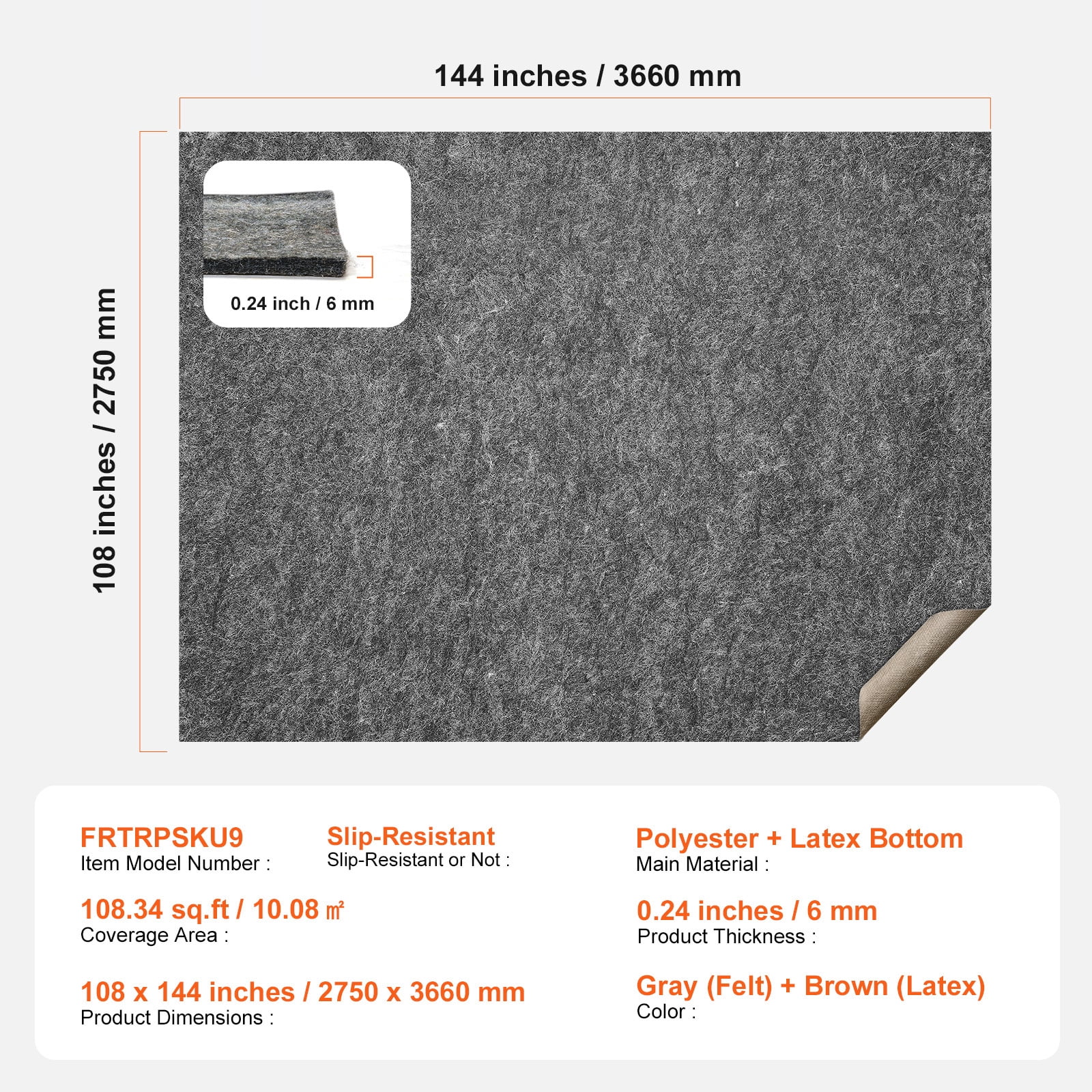KFFKFF Non-Slip Rug Pad - Durable Cushioning Carpet Pad - 9' x 12' - 1/4" Thick - Dual-Sided Design - Polyester Felt + Latex - Gray - Suitable for 10-11㎡ Area - Floor-Safe Rug Cushion