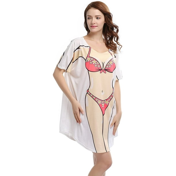 HTAIGUO T-shirt humoristique imprimé bikini pour femme, maillot de bain  ample à manches courtes, jolie robe ample et amusante 
