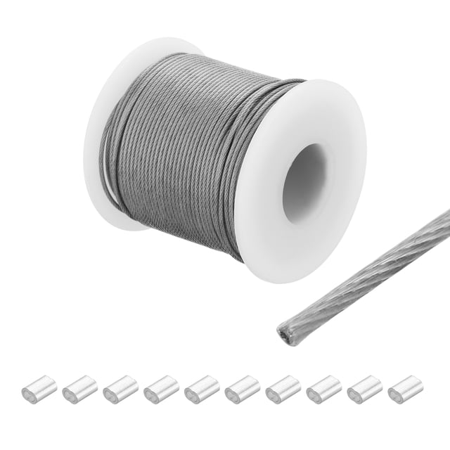 197Ft(60M) Wire Rope 304 Stainless Steel Cable 3/64" (1.2 mm) Vinyl Coated with 10pcs Aluminum Sleeves Transparent
