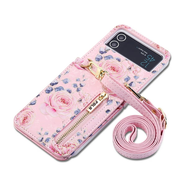 For Samsung Galaxy Z Flip 3 5G Shockproof Rose PU Leather Wallet With Crossbody Strap Case Cover