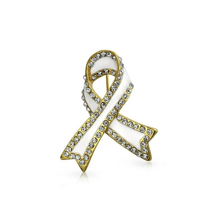 White Ribbon Lung Cancer Survivor Crystal Brooch Pin For Women Enamel Gold Plated