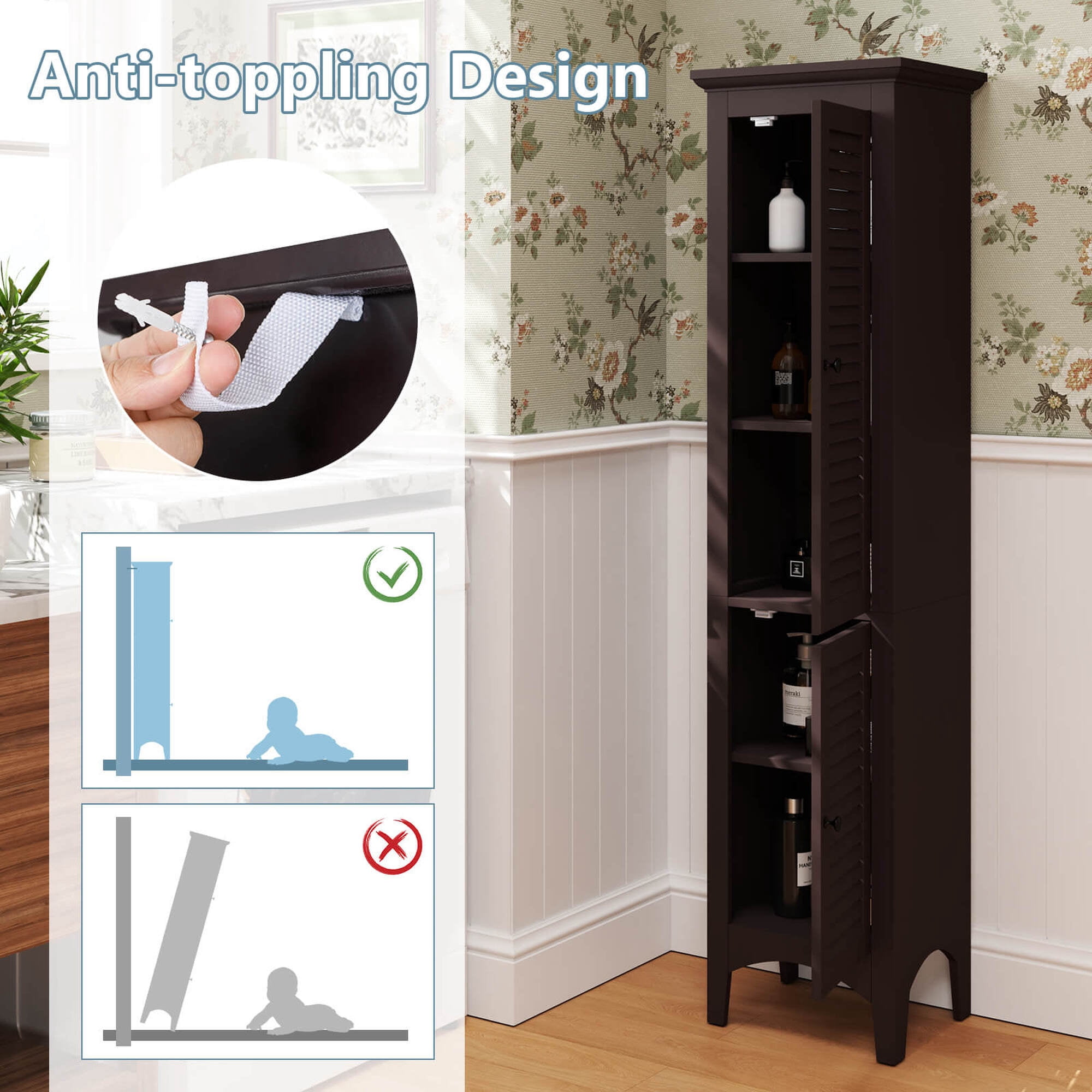 Costway 63" Tall Bathroom Cabinet with 2 Louvered Doors & Adjustable Shelf Elevated Legs Brown