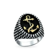 Mens Big Oval Signet Nautical Rope Boat Anchor Ring for Men Checker Board Two Tone Black 14K Gold Plated .925 Sterling Silver Made In Turkey