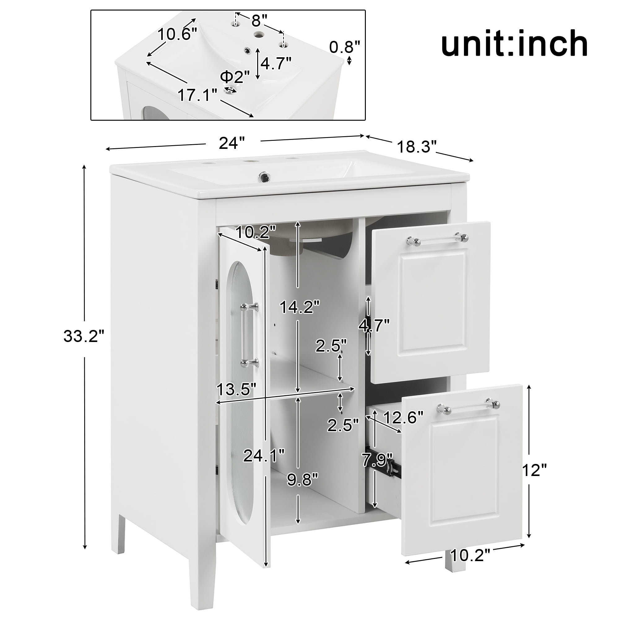 Euroco 24" Bathroom Vanity with 1 Sink,Two Drawers and Door, Adjustable Shelf