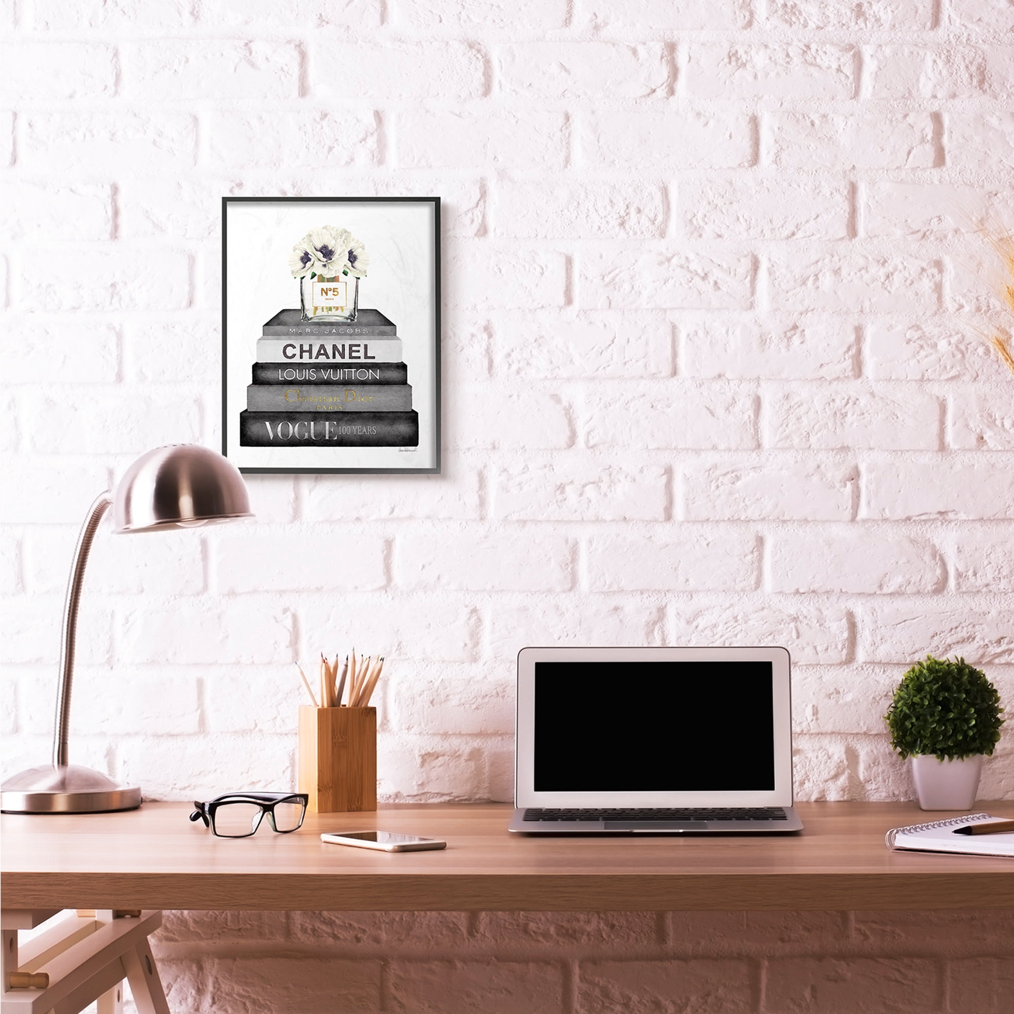 Stupell Industries Fashion Designer Flower Bookstack Black And White Watercolor Framed Wall Art by Amanda Greenwood