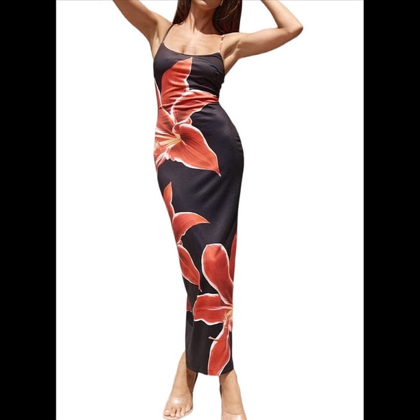 Vestido Floral para Mujer, Verano 2025, con Tirantes Finos, Ajustado, de , para Vacaciones en la Playa. Negro M