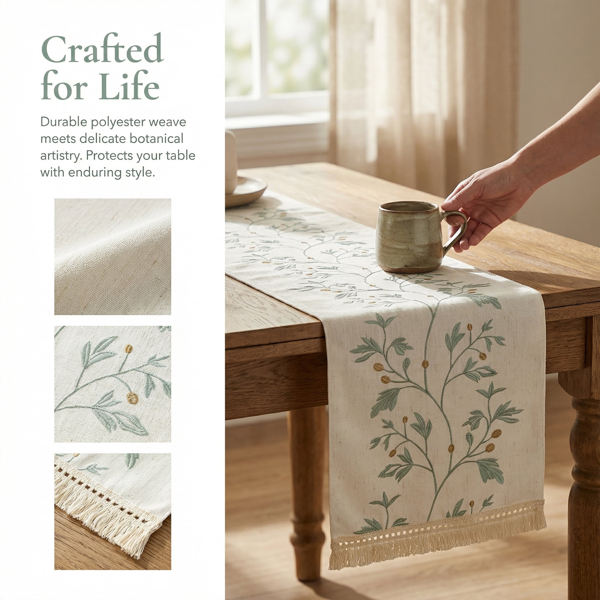 Unique Bargains Long Washable Floral Table Runner for Dining Decor Green 15.4"x106.3"