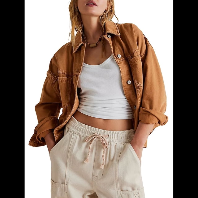 Chaqueta Vaquera de Larga con Solapa Holgada para Mujer Marrón XL