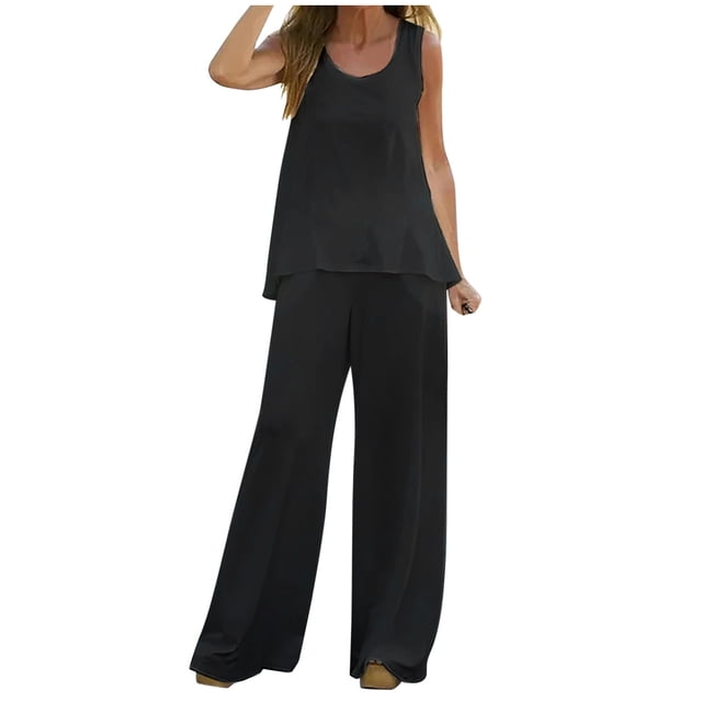 Mikilon Womens Stylish Outfit 2 Piece Set Two Piece Suit Solid Color Sleeveless Crew Neck Neck Top Long Pants Set Usual Loose Solid Spring and Summer Style Sleeveless Round- Neck Suits Black L