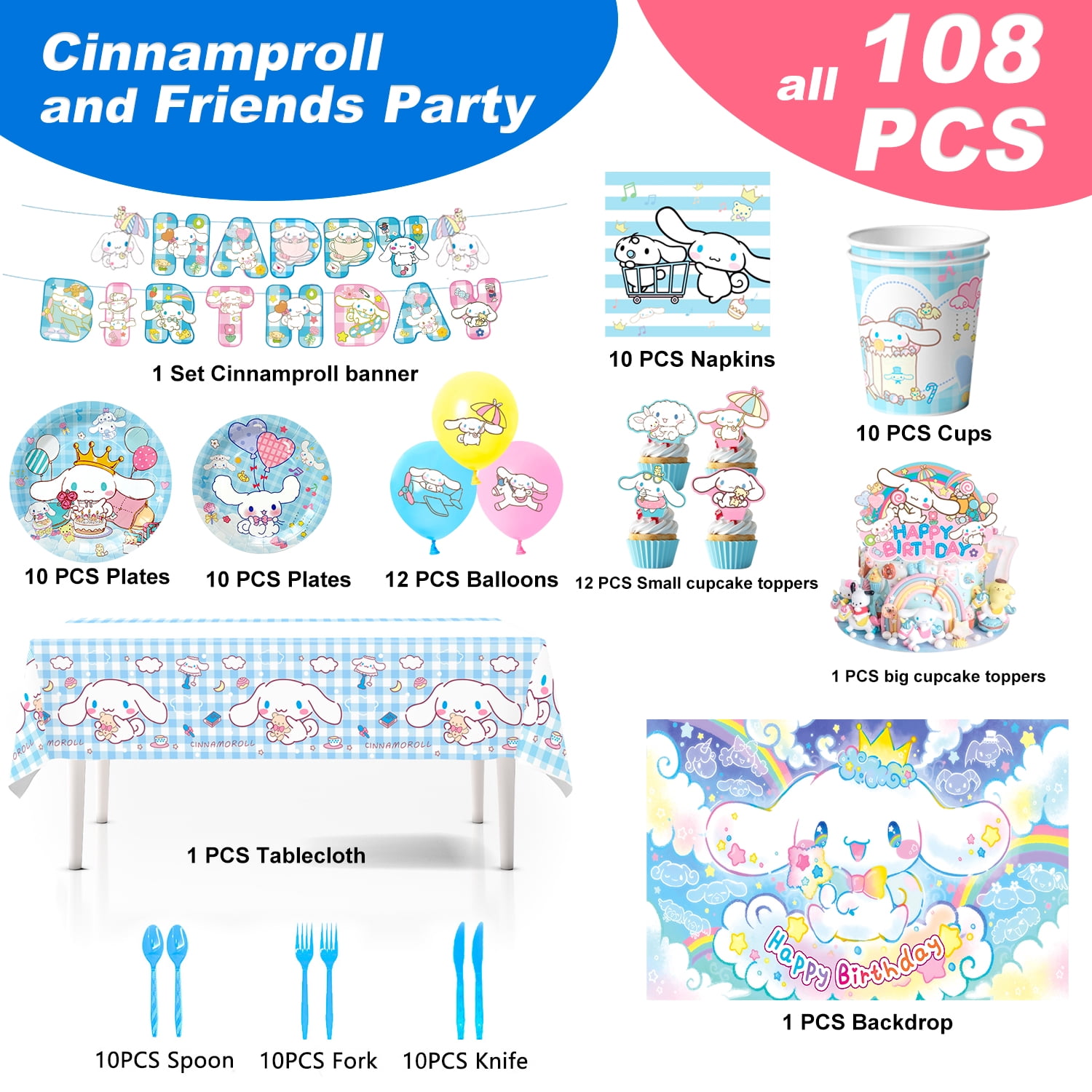 Dog Birthday Party Supplies, 108Pcs Dog Birthday Decorations and Dog Party Tableware Set - Dog Birthday Plates Tablecloths Banners Backdrop etc. for Dog Party