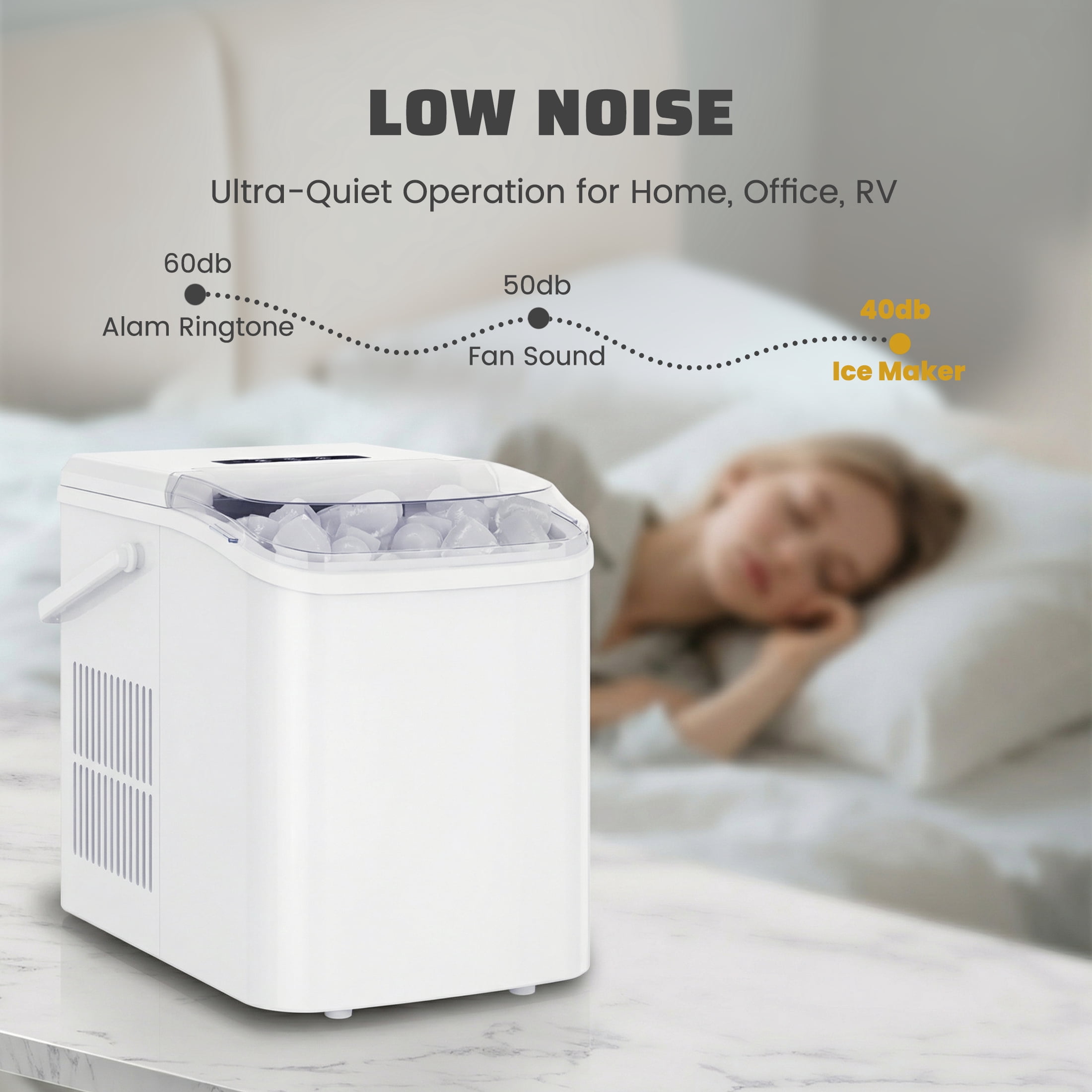 EDX Countertop Ice Maker, Self-Cleaning Portable Ice Maker Machine with Handle and Ice Scoop 9Pcs/6Min 26.5Lbs/24H White