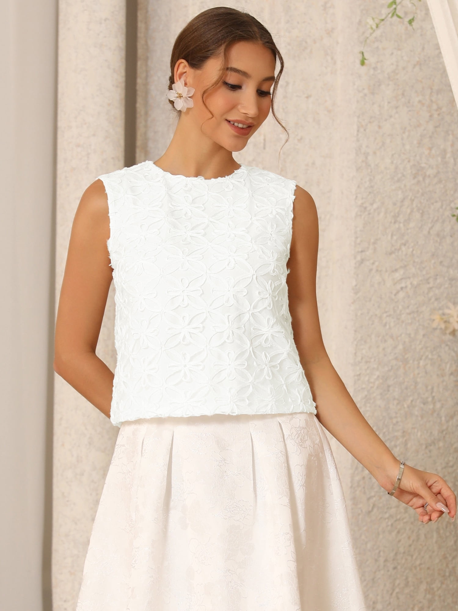 DARING DIVA Women's Floral 3D Sleeveless Round Neck Mesh Crop Tank Top 2XL White