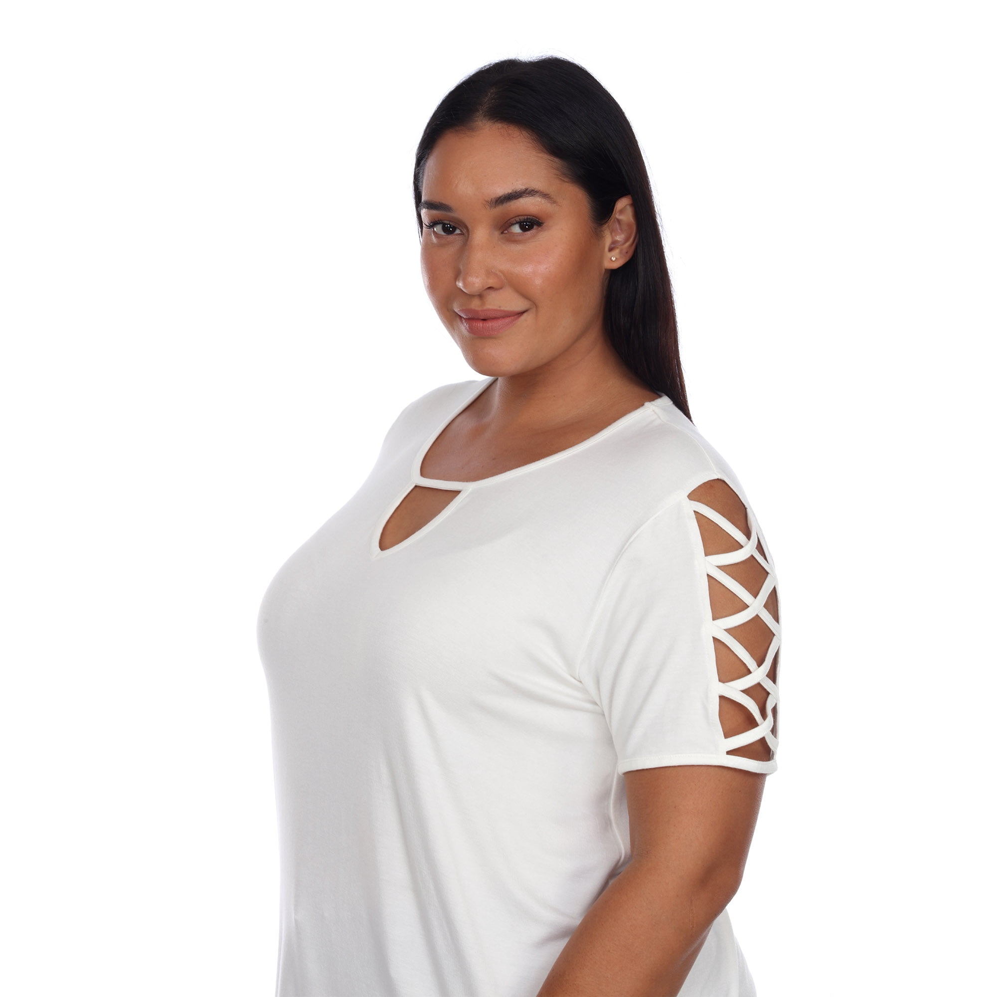 White Mark Women's Plus Size Keyhole Neck Short Crisscross Sleeve Shirt Top