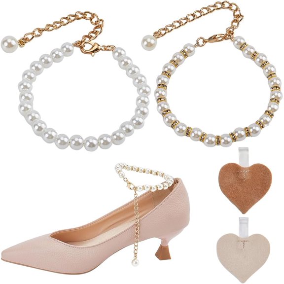 1Sets 4Pcs Pearl Shoe Straps Beaded Anklet Decorative Chain Gold Adjustable High Heel Shoe Straps Shoe Laces Beads Anti Loose Shoelace Detachable Shoe Strap Band for High Heels Flats Sandals
