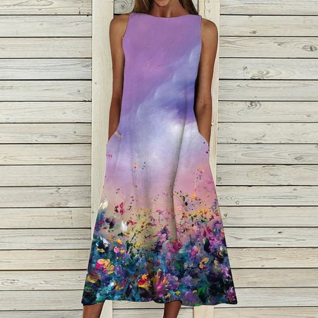 SMihono Summer Boho Maxi Dress pour Femmes Plus Size Femmes Mode en Vrac Poche Sans Manches Longue Dress Imprimer Rétro Dress Plage Balancelle Robe de Soleil