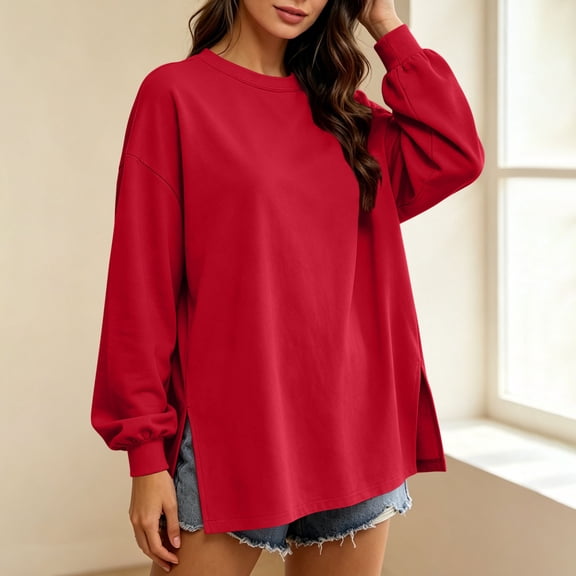 Trikvn Women's Oversized Crewneck Sweatshirt Long Sleeve Drop Shoulder Pullover Tops Side Slits Casual Loose Tunic Shirts Fall Winter Loungewear Comfy Clothes