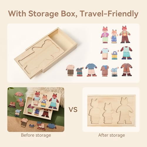 Wooden Fox Family Dress up Puzzle for Toddlers 1-3, Animal Puzzle Toy Sorting & Matching with Storage Case, Learning Educational Montessori Toy Gifts for Kids Boys Girls for 2-4 Years Old