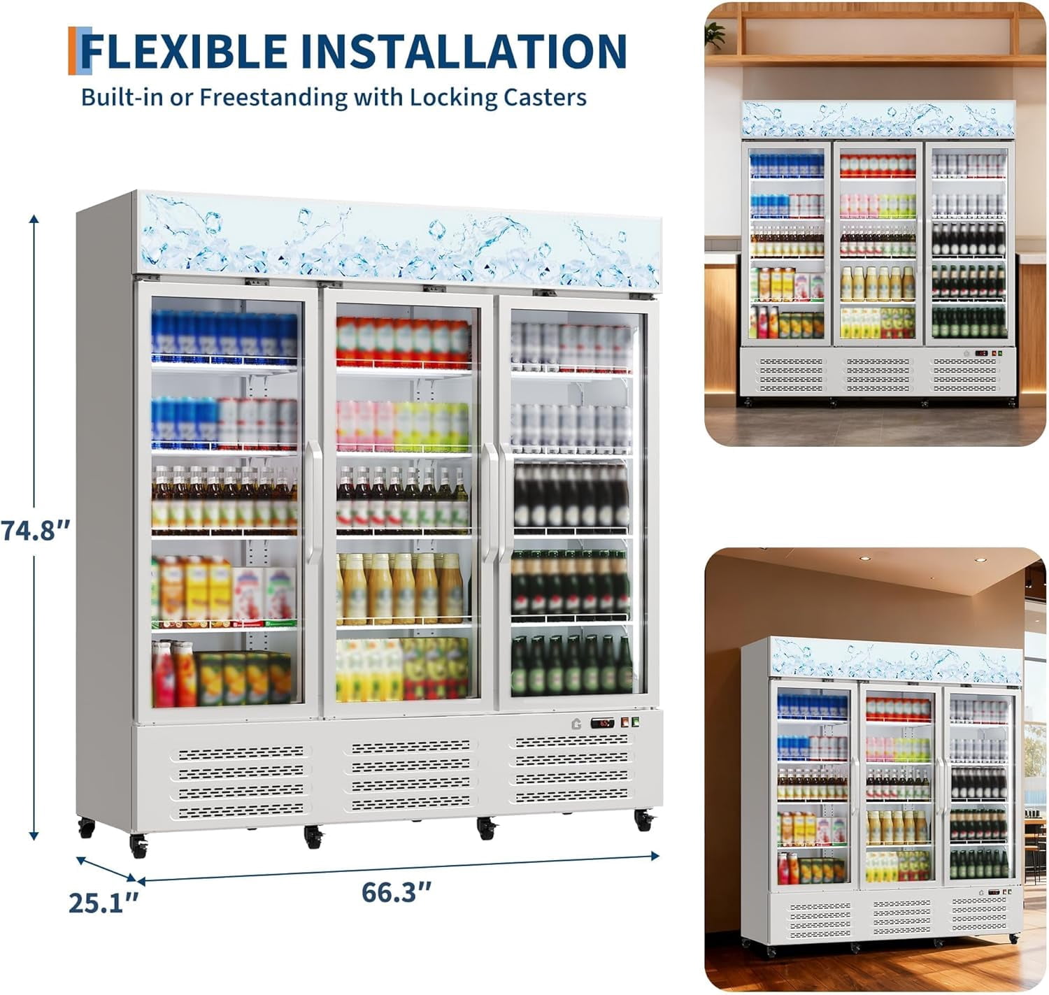 IdealHouse Commercial Refrigerator, Three Glass Door Display Beverage Fridge, 39 Cu ft Upright Beverage Cooler Merchandiser with Soft LED Light, Adjustable Shelves and Swivel Castors, Fast Cooling