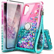Nagebee Case for Samsung Galaxy Note 10 with Screen Protector (Soft Full Coverage), Sparkle Glitter Floating Flowing Liquid Bling [Ring Holder & Wrist Strap] Women Girls Cute Case (Pink/Aqua)