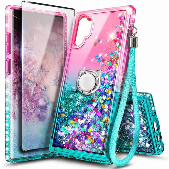 Nagebee Case for Samsung Galaxy Note 10  Plus 5G with Screen Protector (Soft Full Coverage), Sparkle Glitter Liquid Bling Diamond [Ring Holder & Wrist Strap] Women Girls Cute Case (Pink/Aqua)