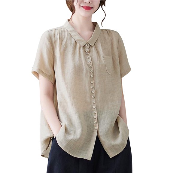 JJHGVB Loose Fit Summer Business Casual Basic Tee Cute Shirts Vintage Vacation Tees Cotton Linen Shirts Baggy Shirts Beach Casual Office Work Tops Business Beige L