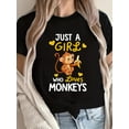 thumbnail image 1 of Camiseta negra para mujer "Just a Girl Who Loves Monkeys" - Cuello redondo, manga corta, ligera y casual, con un adorable diseño de mono y corazón, ideal para primavera y verano, con decoración de mon, 1 of 6