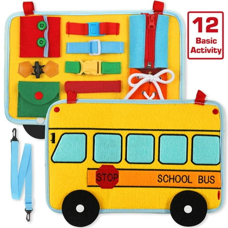 Buckle Board, School Bus Activity Board(12 Basic Skill), Fine Motor and Learn to Dress, Early Educational for Preschool Kids Toddler, Sensory Toy for Kindergarten Classroom Airplane Car (Best Educational Board Games For Kindergarten)