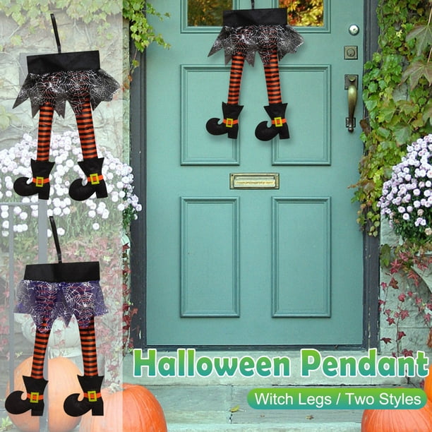 Set de adornos para puertas de ventana con patas de bruja de Halloween | Decoración de Halloween | Colgante de corona con patas de sombrero de bruja | Exposición mural interior exterior de la repisa