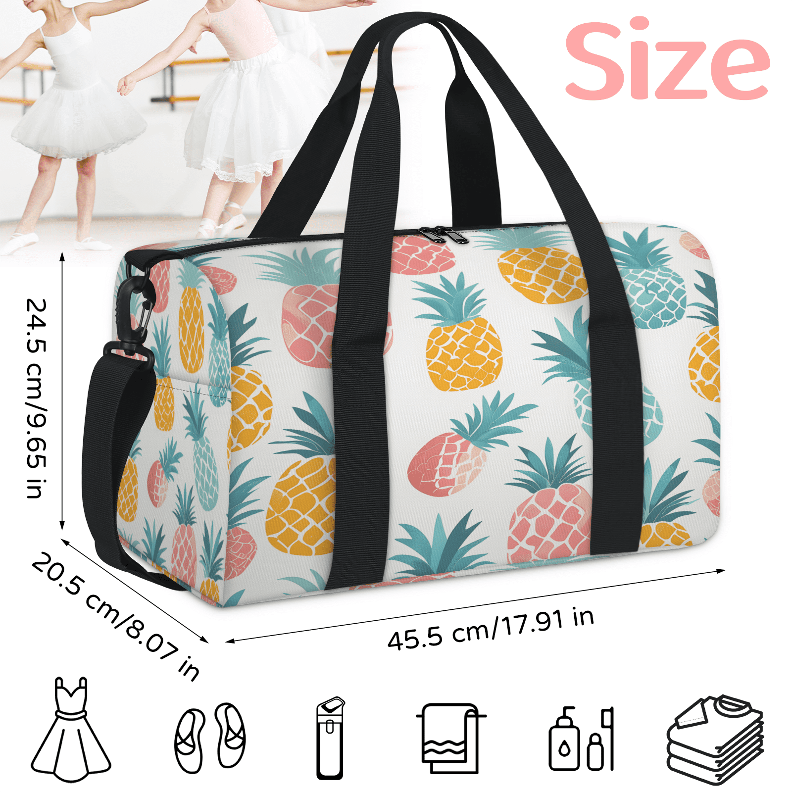 Herdesigns Pineapple Travel Duffle Bag Sports Yoga Weekender Overnight Carry on Workout Bags Lightweight Waterproof Gym Tote Bag for Women Colorful