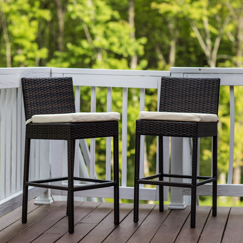 Sundale Outdoor 2 Pcs Brown Wicker Bar Stool with Cushions All Weather