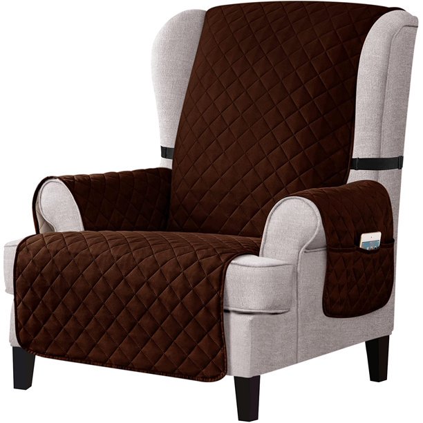 CHUN YI Reversible Wing Chair Slipcovers with Elastic Band and Side Pocket (Dark Coffee)