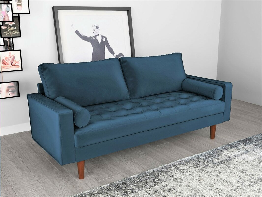 Uspridefurniture Velvet Back Support Sofa with Toss Pillow, Prussian Blue