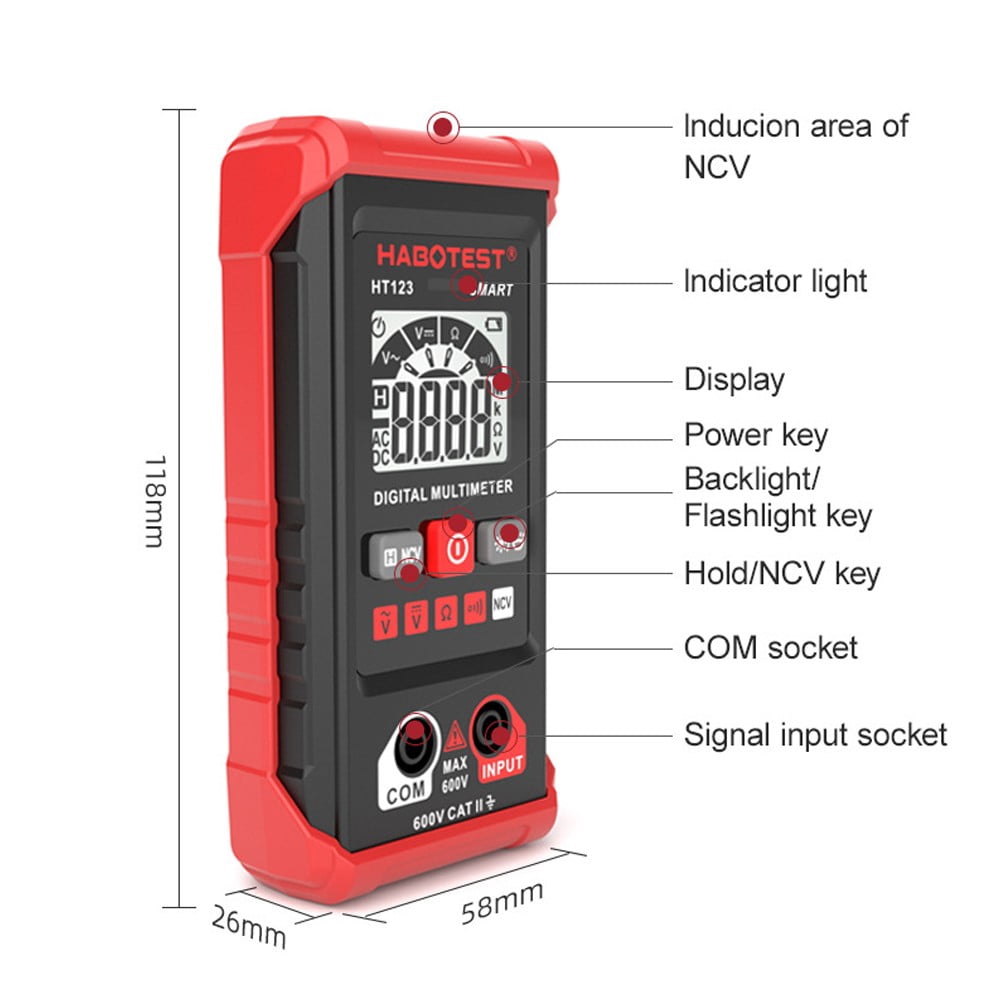 Ht123 Digital Multimeter, 2000 Counts Multimeter Meter, Measures Ac/Dc Voltage