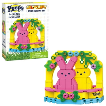 Brickcraft Peeps Easter Basket Pink & Yellow Brick Building Kit (89-Plastic Piece Set), Includes Two Cute Bunnies and Handle, Decoration for Easter Celebration, Gift for Kids, Brick Lovers
