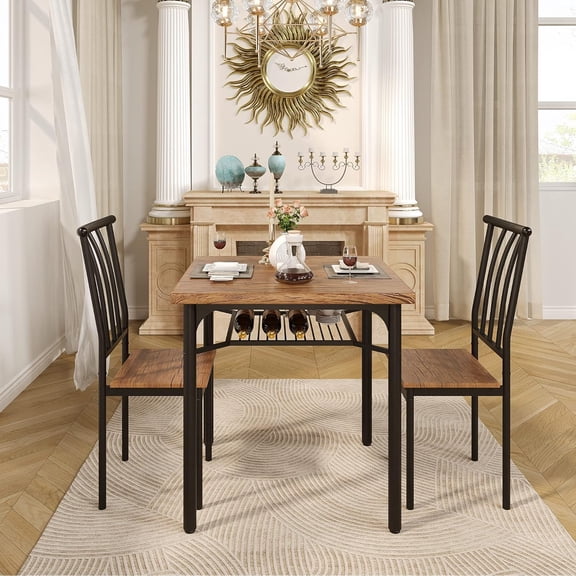 3-Piece Dining Table Set with Storage Shelf, Small Square Kitchen Table with 2 Chairs, Space-Saving Breakfast Nook Dinette Set for Apartment, MDF and Metal Frame,Brown