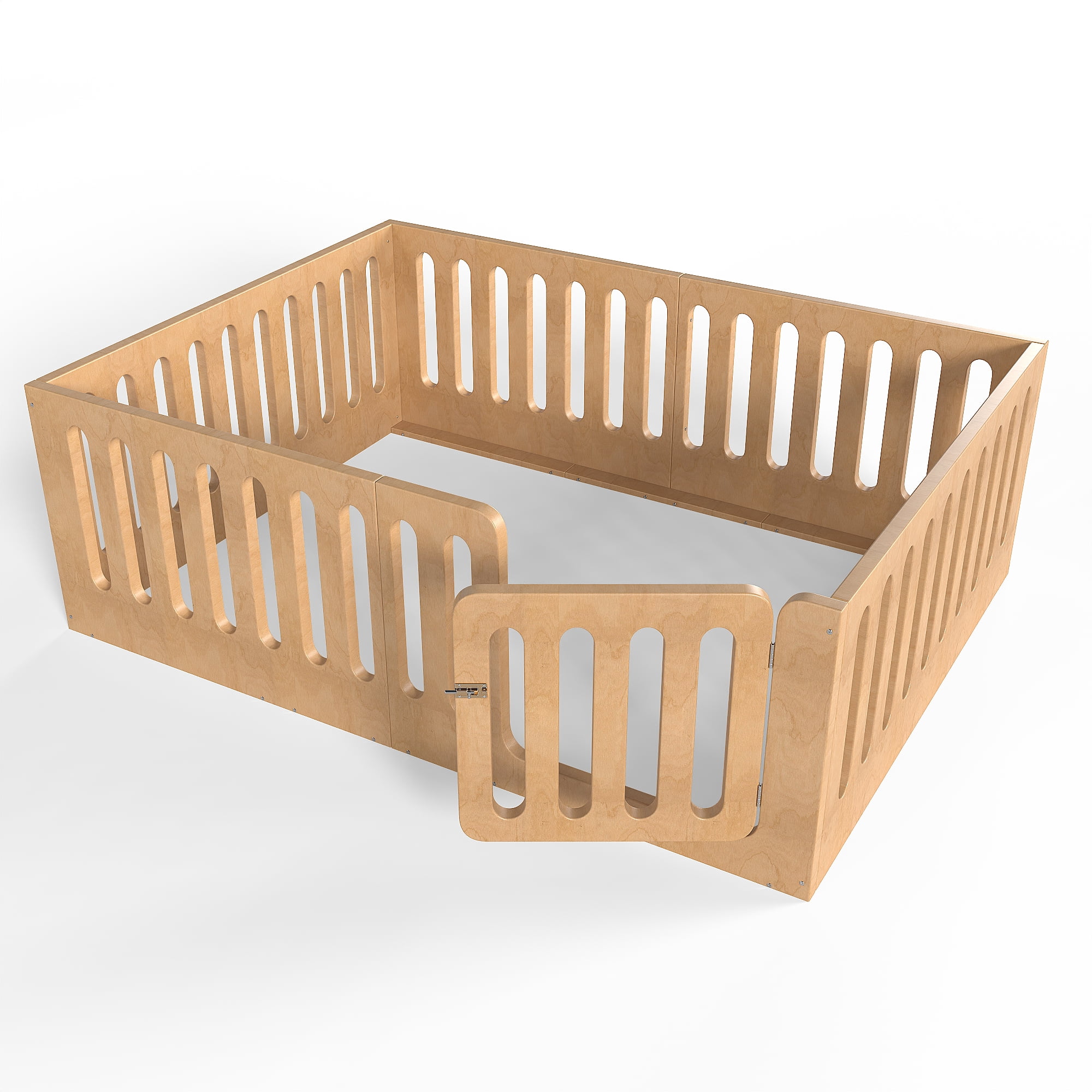 Floor Bed with Safety Rails and Door, Full Solid Wood Platform Bed and Montessori Style Bed Frame for Bedroom, Natural