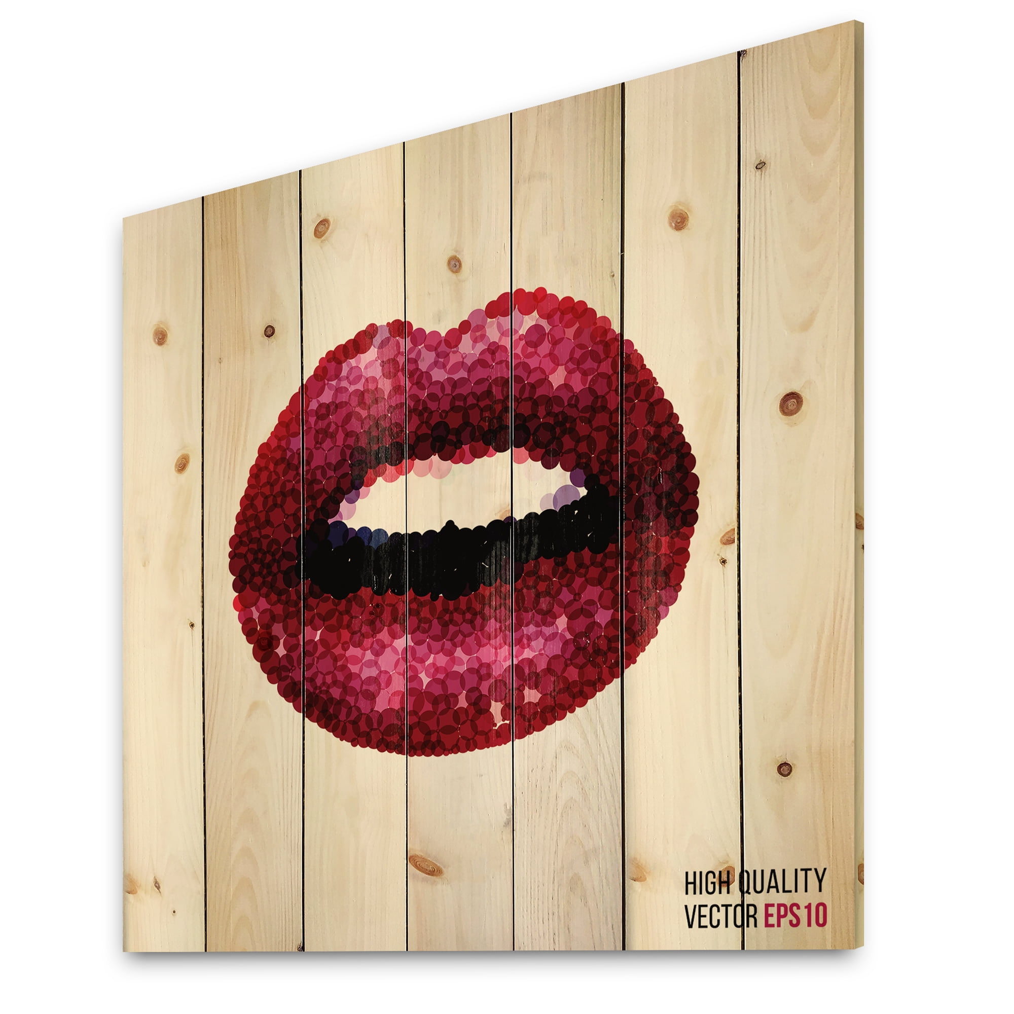 Designart 'Sexy Red Girl Lips' Modern Print on Natural Pine Wood