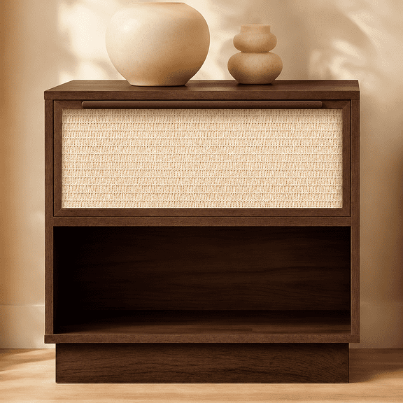 EcoNovi Dark Walnut Nightstand, Drawer and Open Shelf Bedside Table with Rattan-Look Front, Compact Storage Cabinet