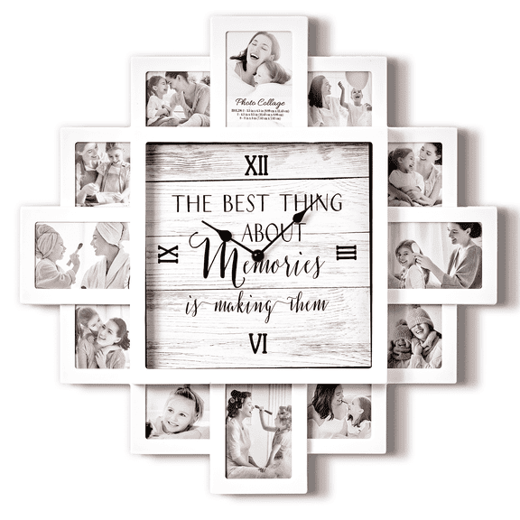 20 inch White Picture Frame Collage Family Photo Wall Clock - 12 Slots, Farmhouse Decor for Living Room, Hallway, Bedroom