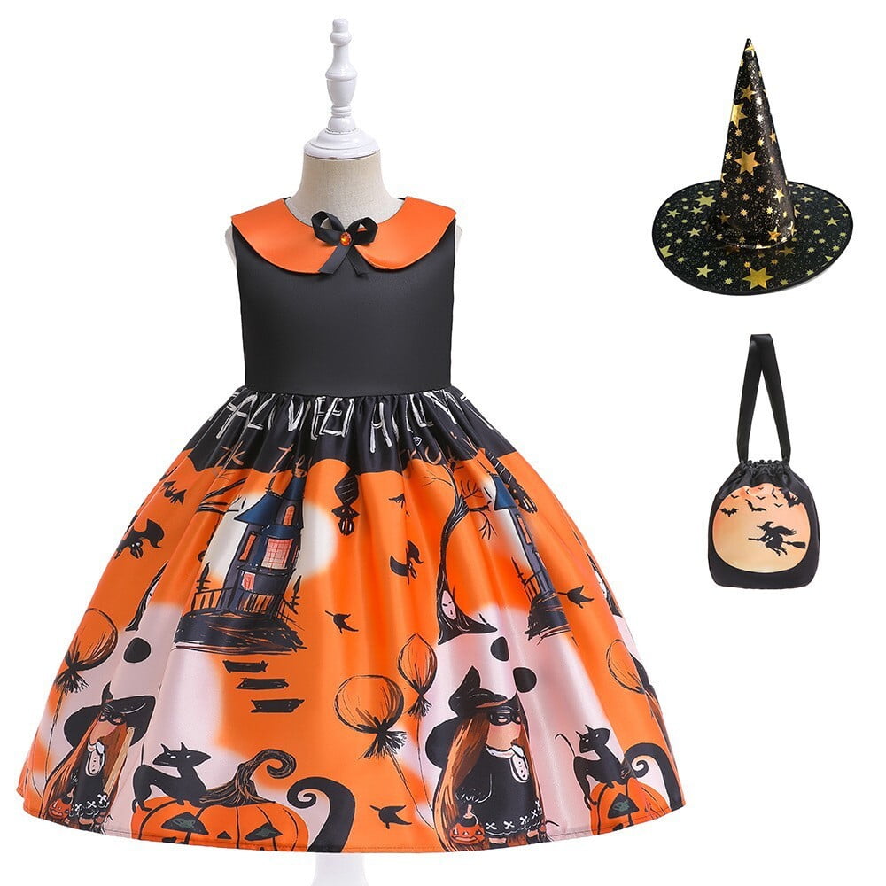 Kids Girls Halloween Costume Dress Ghost Pumpkin Skull Printed Fancy ...