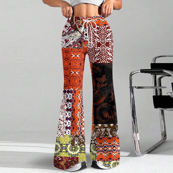 Women's Fashion Loose Drawstring Waist Retro Printed Casual Sports Flared Pants, Elastic Joggers Sweatpants, Stylish Yoga Pants for Women,Black,2XL