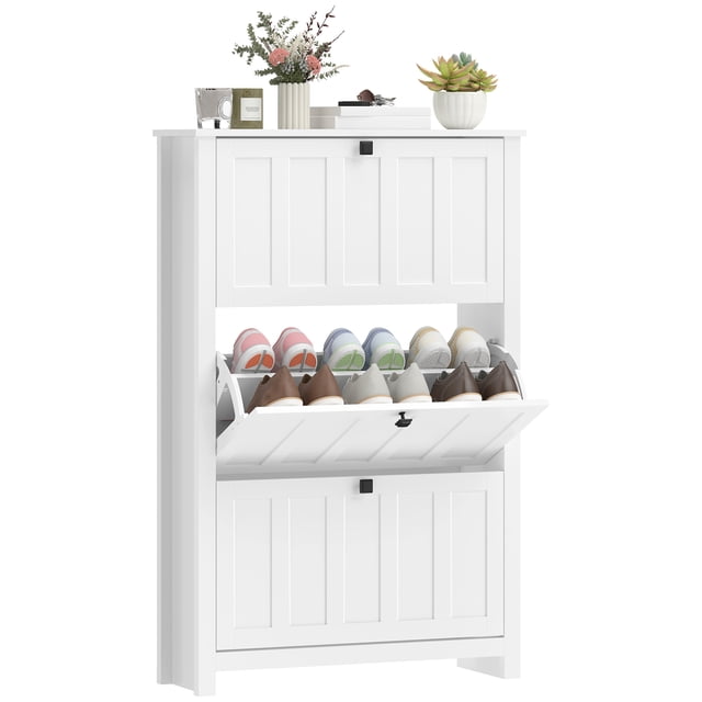 HOMCOM Armoire à Chaussures Étroite avec 3 Tiroirs Basculants, Armoire de Rangement pour Chaussures, Blanc