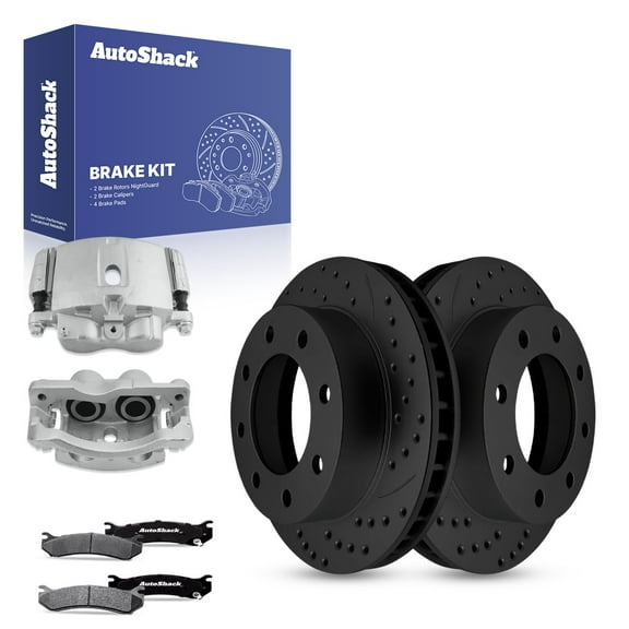 AutoShack Front Drilled & Slotted Brake Rotors Ceramic Brake Pads Calipers | Replacement for 2001-2003 GMC Sierra 1500 HD 2005 GMC Sierra 1500 HD | Black E-Coated | 8-PC Brake Kit | NightGuard