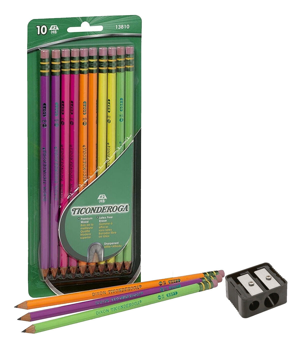 Ticonderoga Pencils #2 Soft - Asst Neon - Presharpened, School Supplies and Craft Supplies 10 Count (13810) Free Sharpener 1 Pack
