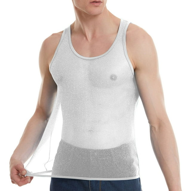 pstuiky Camisetas sin mangas para hombre, Camiseta deportiva de verano para hombre, sin mangas, brillante, transparente, con forma de I, color liso, cuello redondo, sin mangas Camisas de hombre l