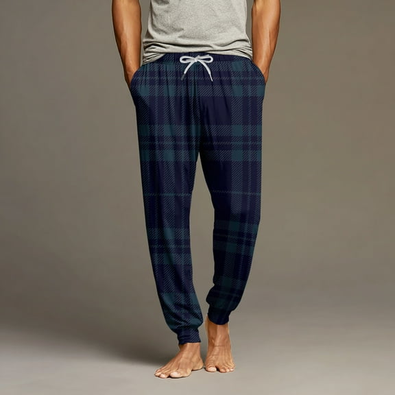 Cyglowse Men's Cute Pajamas Pants Plaid Printed Pants Drawstring Elastic Waist Pant Cuffed Home Sleep With Pockets Dark Blue 3XL